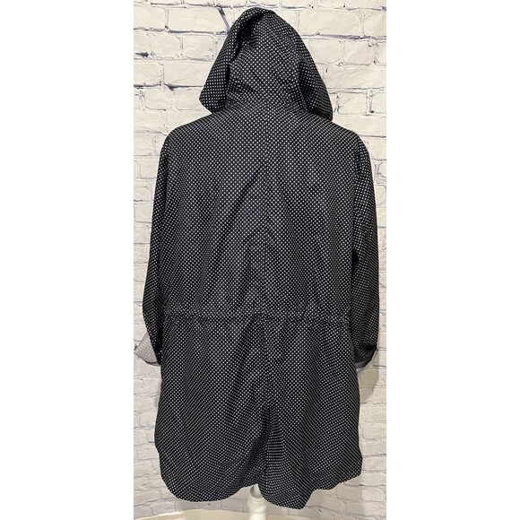 Susan Graver Navy Polka Dot Hooded Packable Rain Jacket with full zip front 1X - Picture 6 of 10